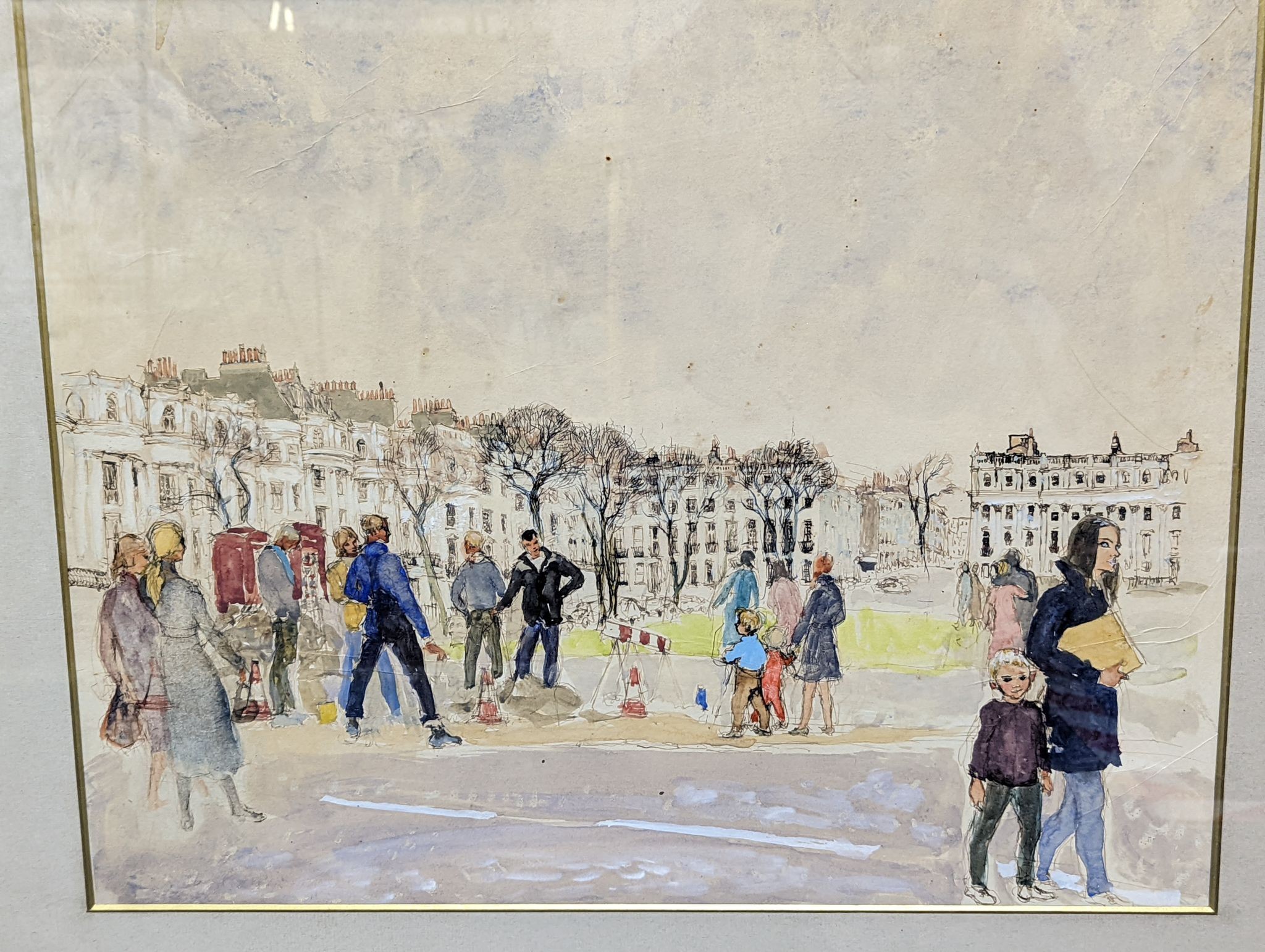 Margaret Milnes (b.1908), pair of ink and watercolour studies, Figures before Brighton Pavilion and On The Promenade, indistinctly signed and dated '71, 30 x 50cm
